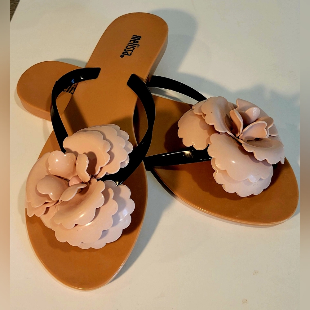 Melissa Women's Harmonoc Pink Floral Thang Sandals Beige/ Black Size 7 - Picture 3 of 7